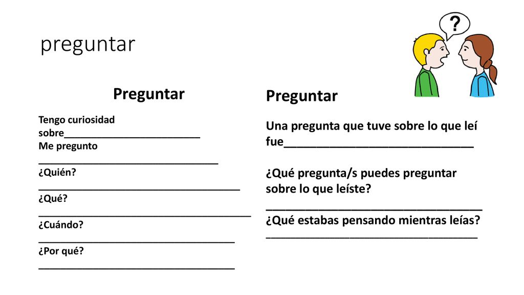 preguntar Preguntar. Tengo curiosidad sobre_________________________. Me pregunto _________________________________.