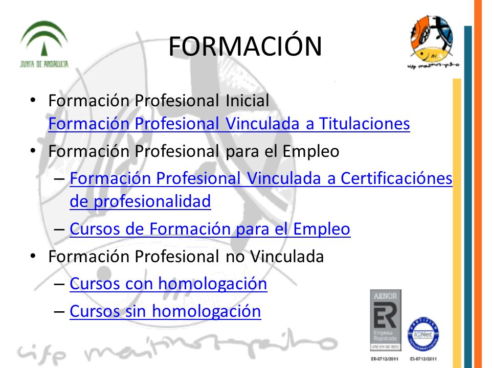 FORMACIÓN Formación Profesional Inicial Formación Profesional Vinculada a Titulaciones. Formación Profesional para el Empleo.