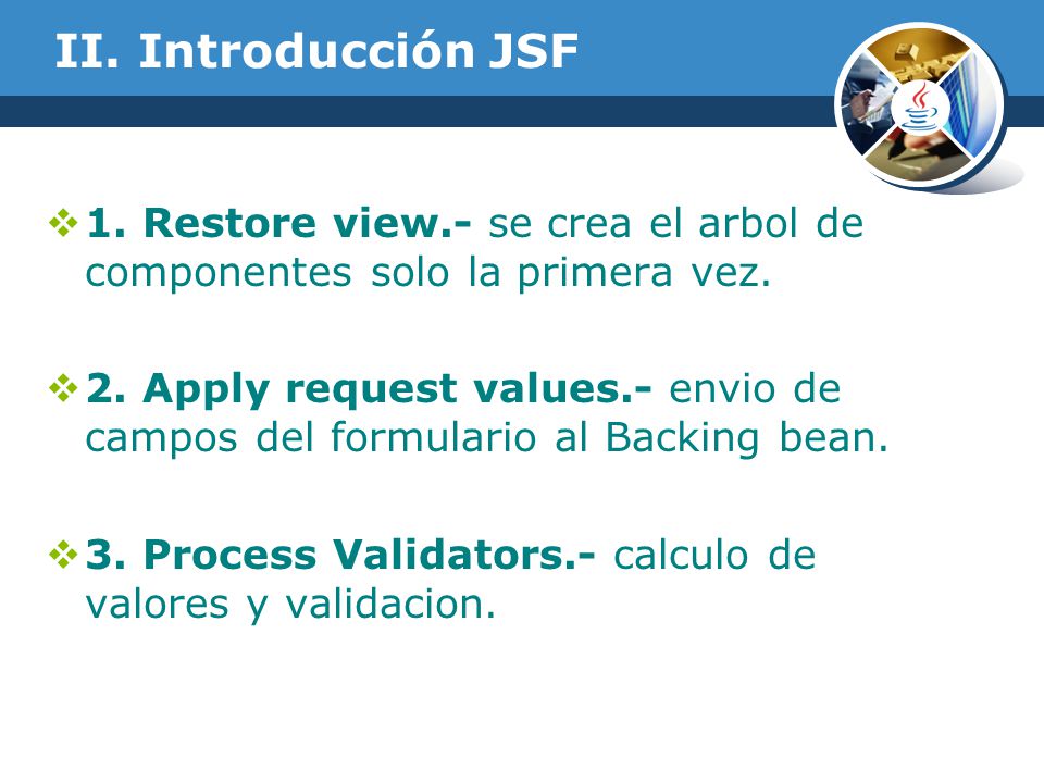 II. Introducción JSF 1. Restore view.- se crea el arbol de componentes solo la primera vez.