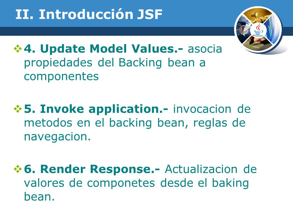 II. Introducción JSF 4. Update Model Values.- asocia propiedades del Backing bean a componentes.