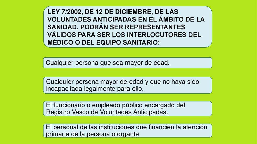 LEY 7/2002, DE 12 DE DICIEMBRE, DE LAS VOLUNTADES ANTICIPADAS EN EL ÁMBITO DE LA SANIDAD. PODRÁN SER REPRESENTANTES VÁLIDOS PARA SER LOS INTERLOCUTORES DEL MÉDICO O DEL EQUIPO SANITARIO: