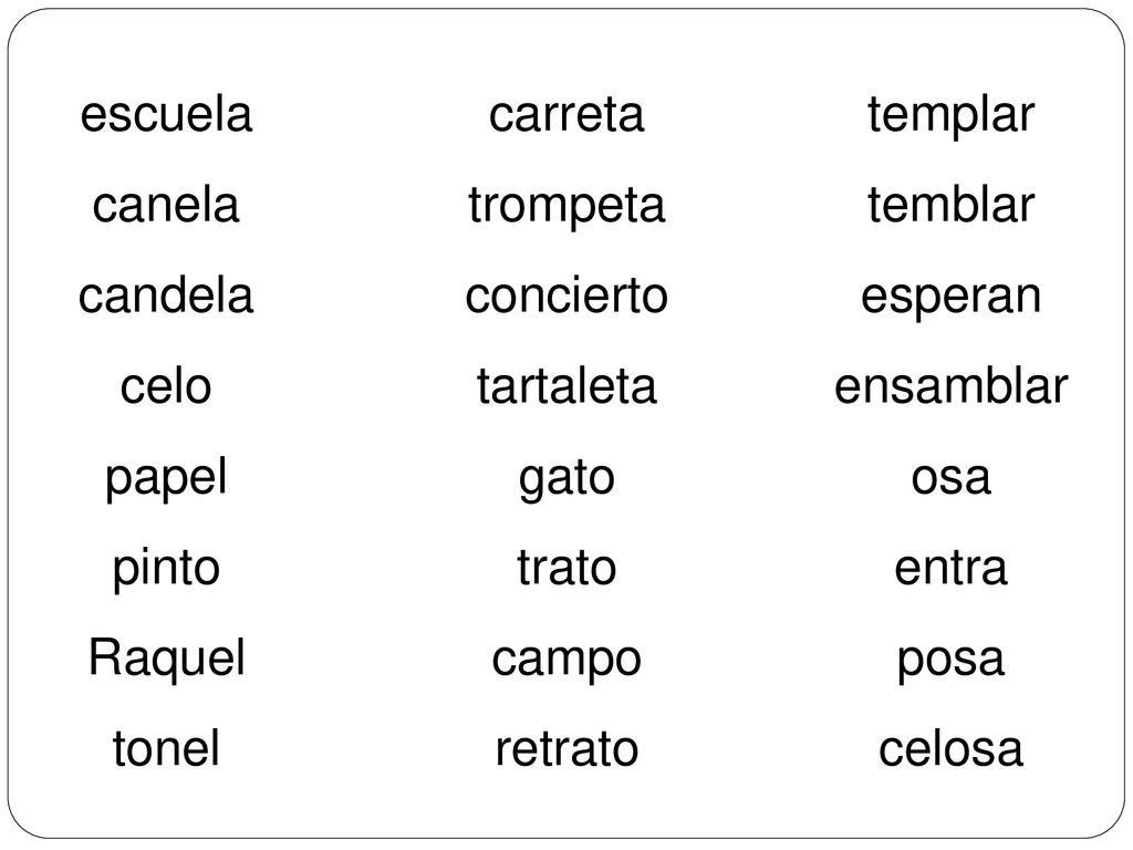 escuela canela. candela. celo. papel. pinto. Raquel. tonel. carreta. trompeta. concierto. tartaleta.