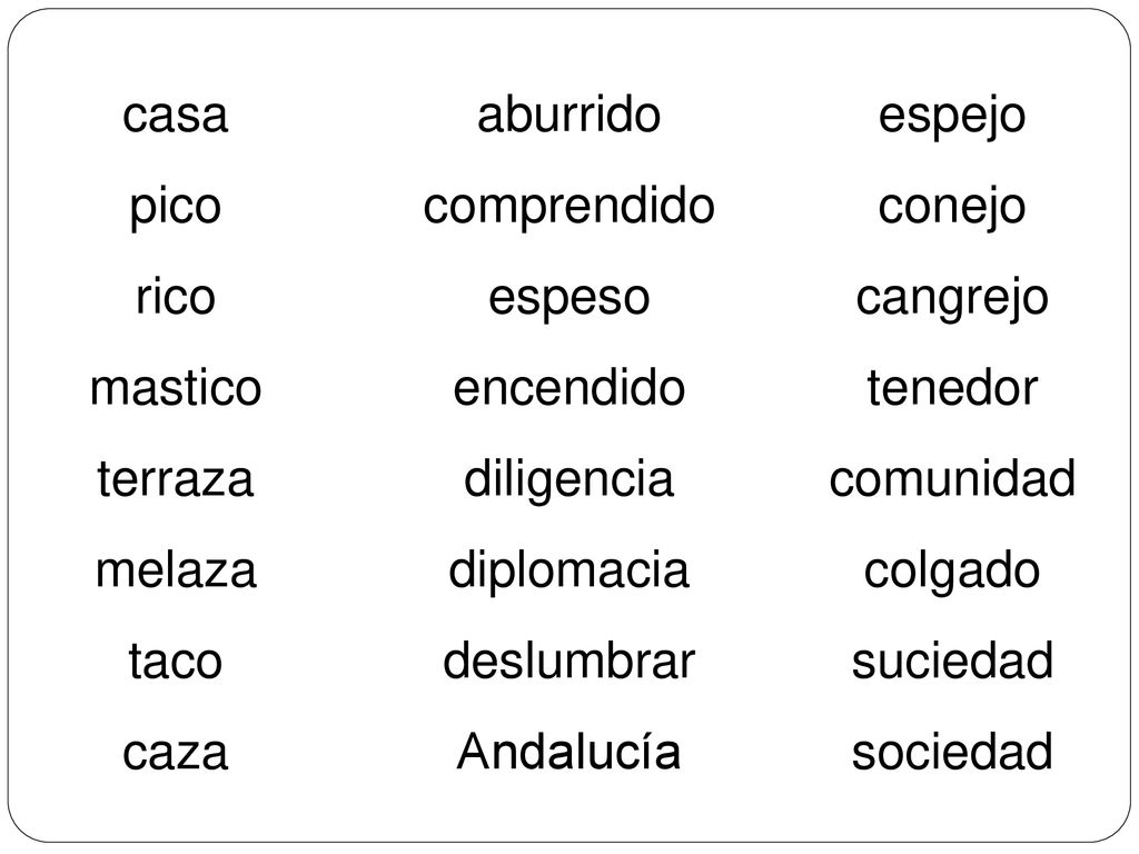 casa pico. rico. mastico. terraza. melaza. taco. caza. aburrido. comprendido. espeso. encendido.