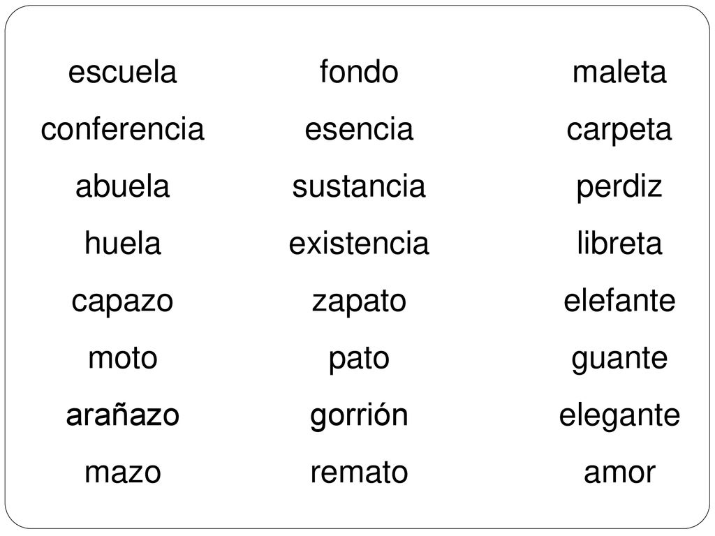 escuela conferencia. abuela. huela. capazo. moto. arañazo. mazo. fondo. esencia. sustancia.
