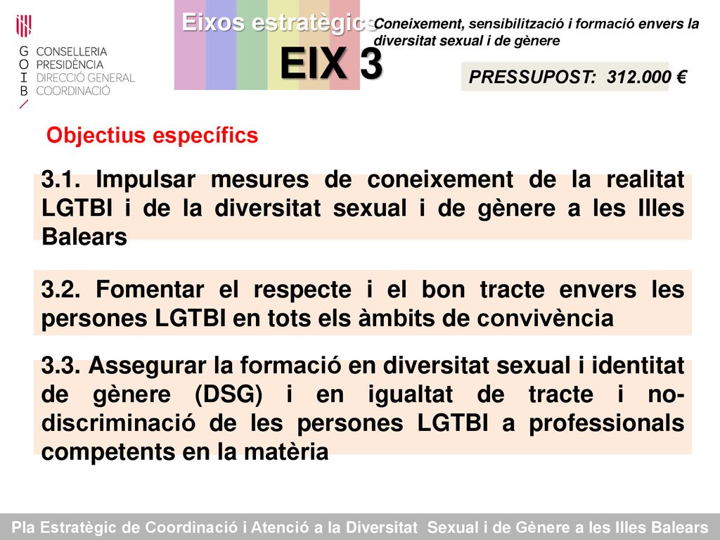 Eixos estratègics EIX 3 Coneixement, sensibilització i formació envers la diversitat sexual i de gènere.