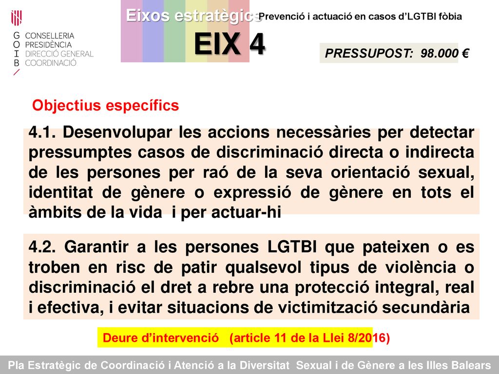 Eixos estratègics EIX 4 Prevenció i actuació en casos d’LGTBI fòbia. PRESSUPOST: €