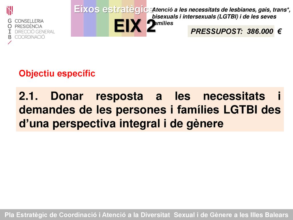 Eixos estratègics EIX 2 Atenció a les necessitats de lesbianes, gais, trans*, bisexuals i intersexuals (LGTBI) i de les seves famílies.
