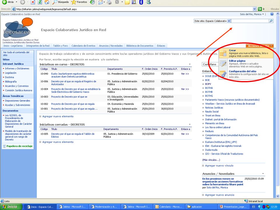 Finalmente, sólo decir que existe una utilidad de búsquedas de todo tipo de contenidos (no solo documentos) en el espacio colaborativo y que el resultado de la misma es del estilo de buscadores como google, con enlaces a los resultados…