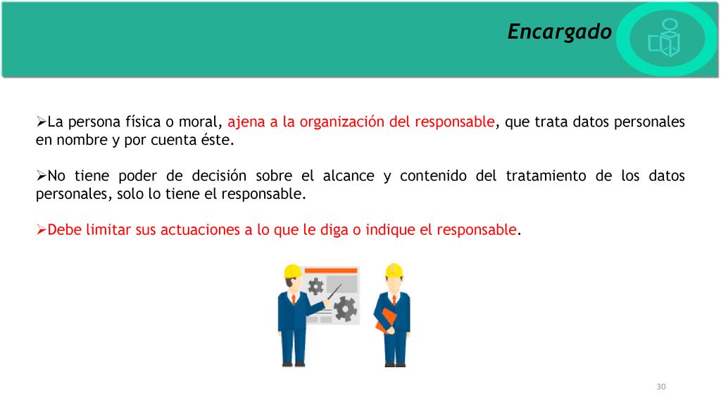 Encargado La persona física o moral, ajena a la organización del responsable, que trata datos personales en nombre y por cuenta éste.