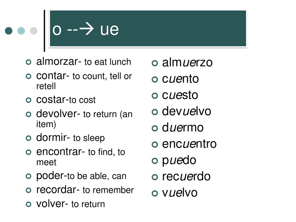 o -- ue almuerzo cuento cuesto devuelvo duermo encuentro puedo