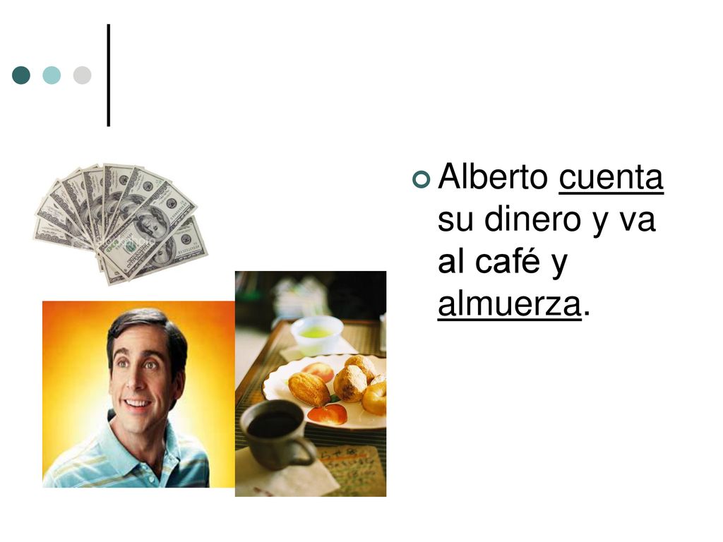 Alberto cuenta su dinero y va al café y almuerza.