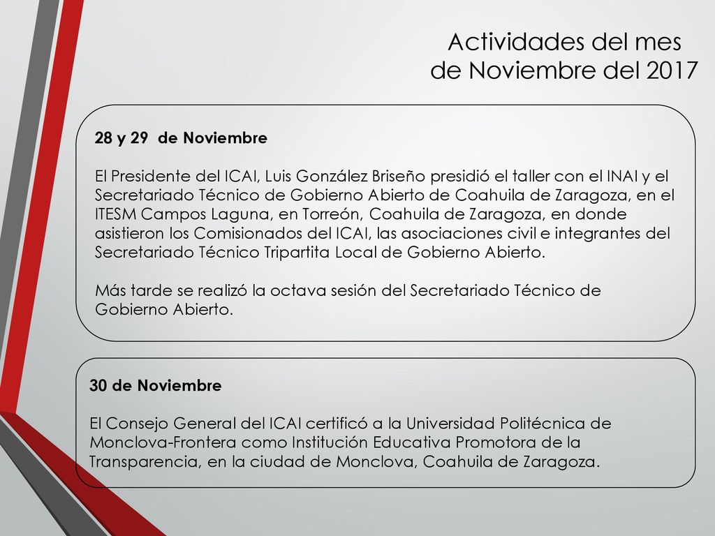 Actividades del mes de Noviembre del y 29 de Noviembre