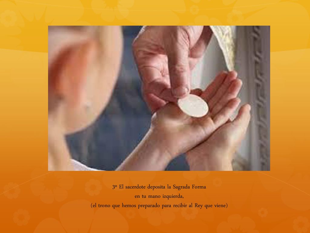 3º El sacerdote deposita la Sagrada Forma en tu mano izquierda,