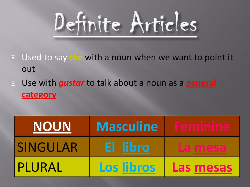 Definite Articles NOUN Masculine Feminine SINGULAR El libro La mesa