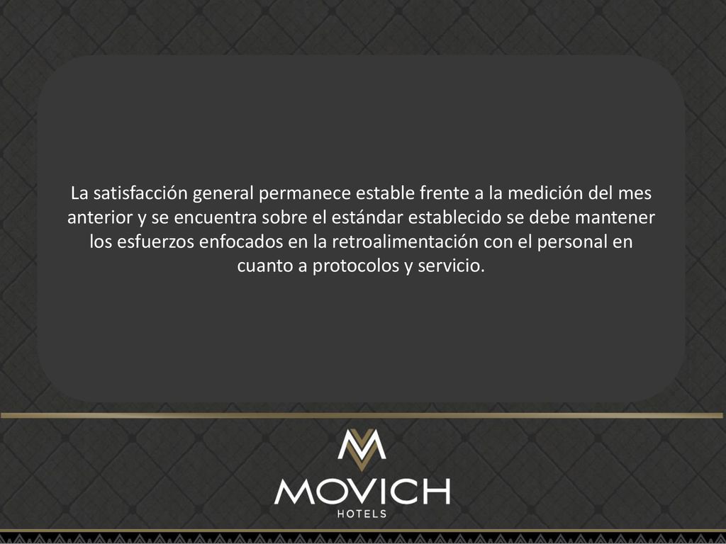 La satisfacción general permanece estable frente a la medición del mes anterior y se encuentra sobre el estándar establecido se debe mantener los esfuerzos enfocados en la retroalimentación con el personal en cuanto a protocolos y servicio.