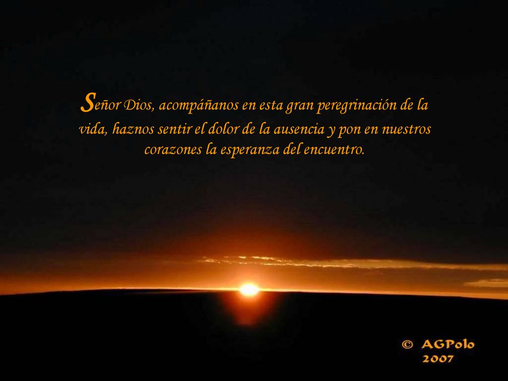 Señor Dios, acompáñanos en esta gran peregrinación de la vida, haznos sentir el dolor de la ausencia y pon en nuestros corazones la esperanza del encuentro.