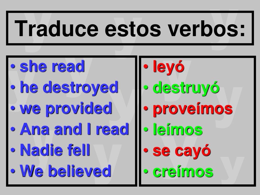 Traduce estos verbos: she read he destroyed we provided Ana and I read