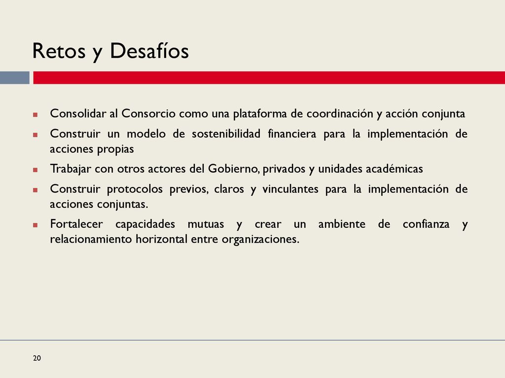 Retos y Desafíos Consolidar al Consorcio como una plataforma de coordinación y acción conjunta.