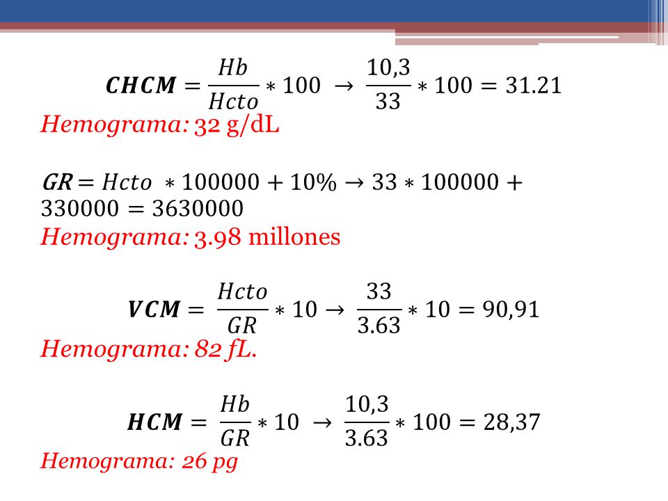 𝑪𝑯𝑪𝑴= 𝐻𝑏 𝐻𝑐𝑡𝑜 ∗100 → 10,3 33 ∗100=31.21 Hemograma: 32 g/dL