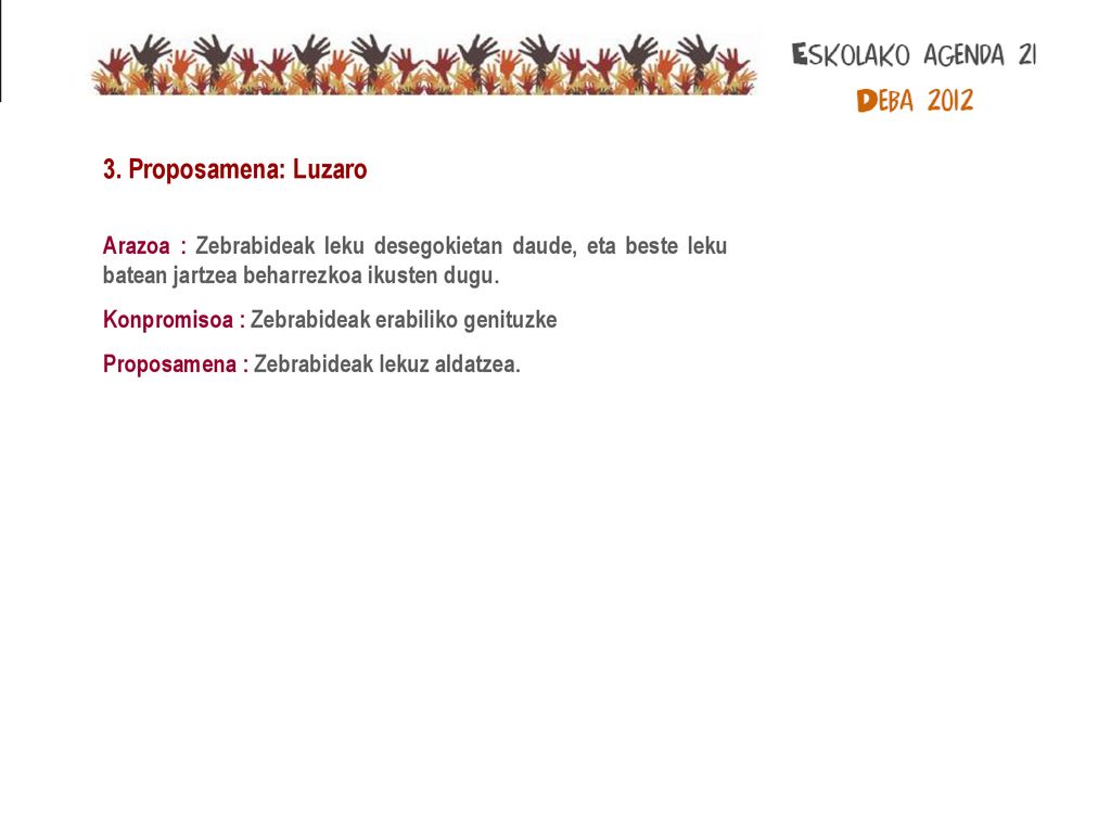 3. Proposamena: Luzaro Arazoa : Zebrabideak leku desegokietan daude, eta beste leku batean jartzea beharrezkoa ikusten dugu.