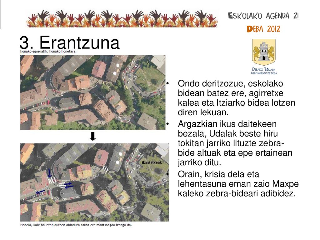 3. Erantzuna Ondo deritzozue, eskolako bidean batez ere, agirretxe kalea eta Itziarko bidea lotzen diren lekuan.