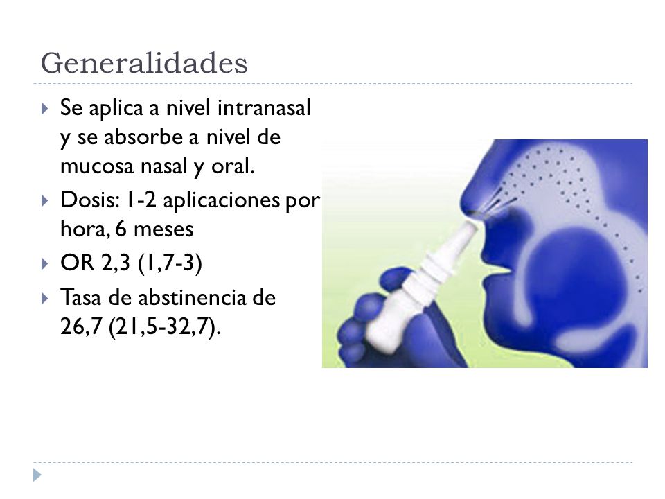 Generalidades Se aplica a nivel intranasal y se absorbe a nivel de mucosa nasal y oral. Dosis: 1-2 aplicaciones por hora, 6 meses.