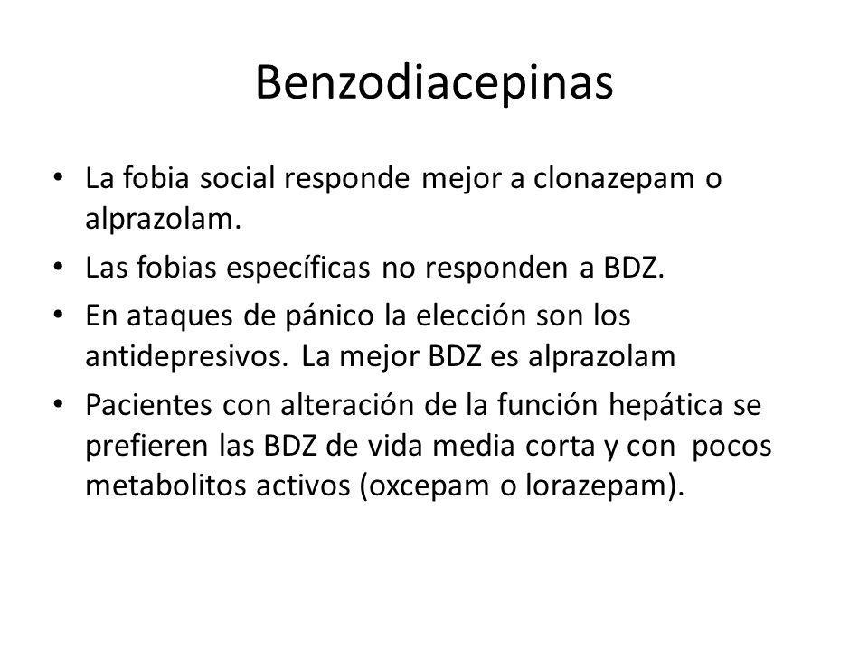 Benzodiacepinas La fobia social responde mejor a clonazepam o alprazolam. Las fobias específicas no responden a BDZ.