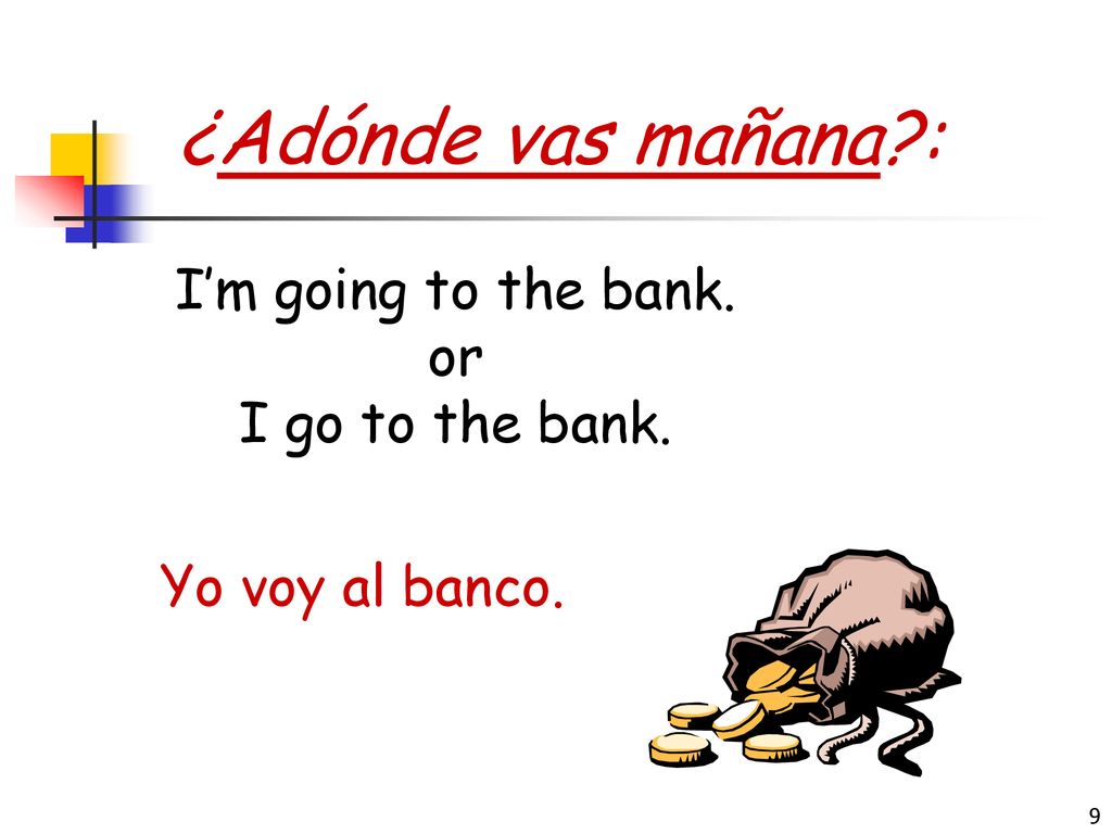 ¿Adónde vas mañana : I’m going to the bank. or I go to the bank.