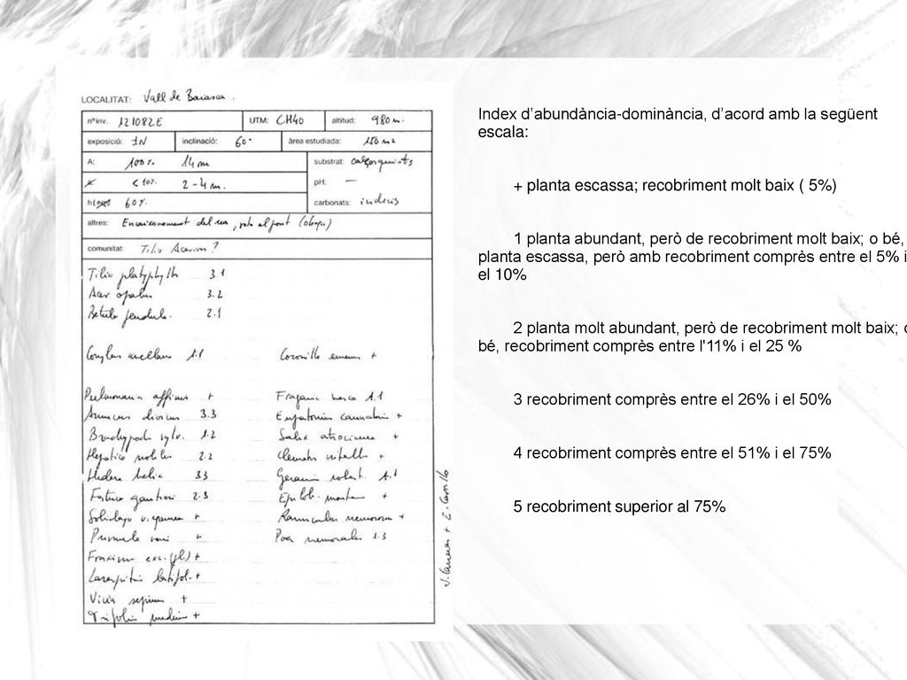 Index d’abundància-dominància, d’acord amb la següent escala: