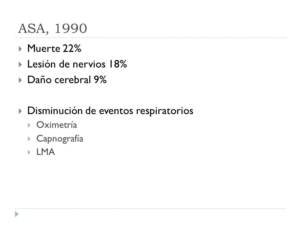 ASA, 1990 Muerte 22% Lesión de nervios 18% Daño cerebral 9%