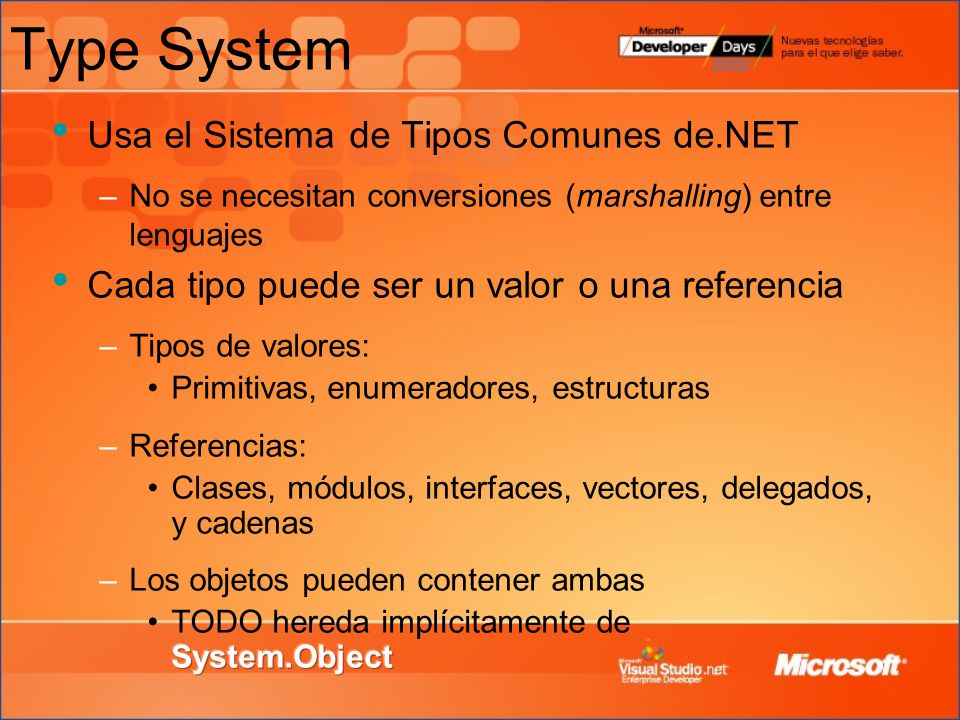 Type System Usa el Sistema de Tipos Comunes de.NET