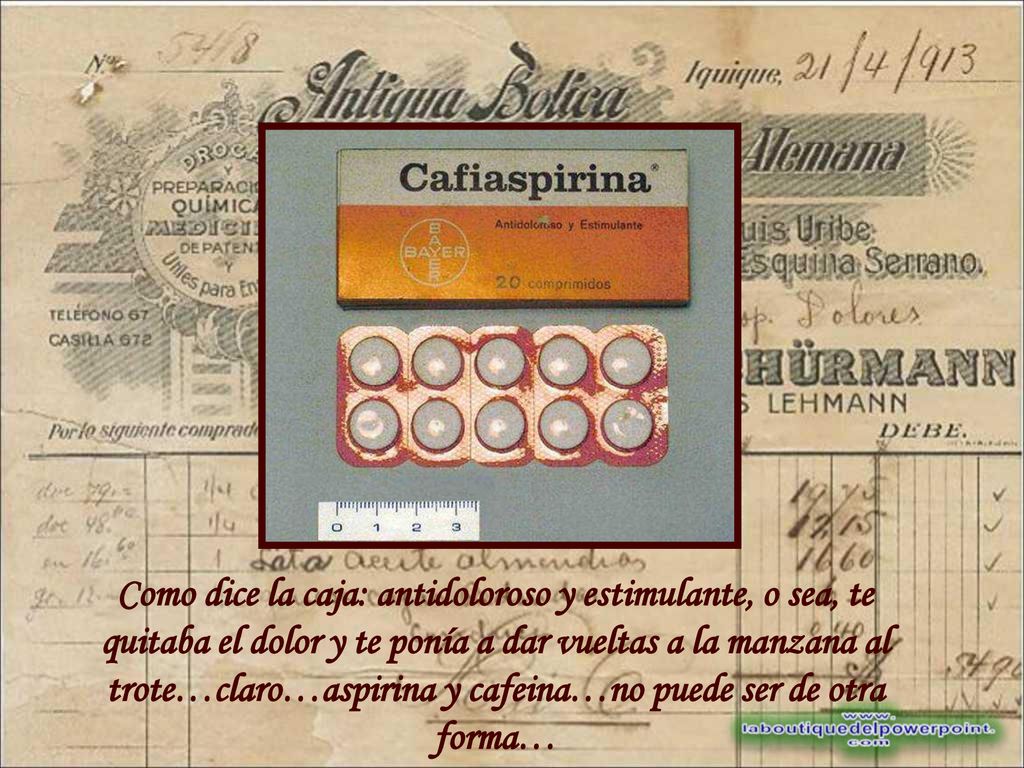 Como dice la caja: antidoloroso y estimulante, o sea, te quitaba el dolor y te ponía a dar vueltas a la manzana al trote…claro…aspirina y cafeina…no puede ser de otra forma…
