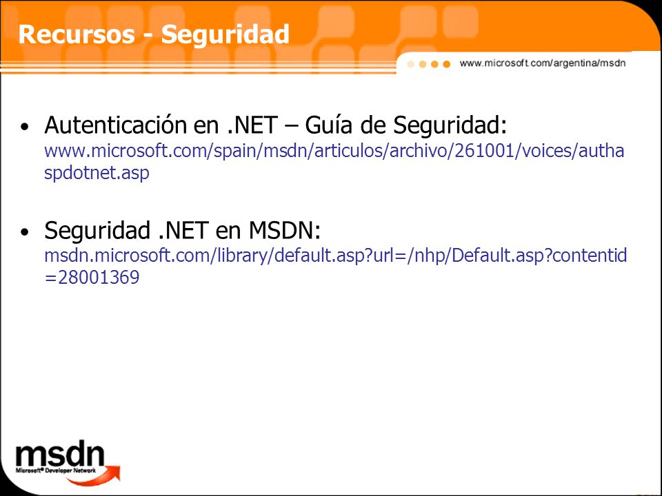 Recursos - Seguridad Autenticación en .NET – Guía de Seguridad: