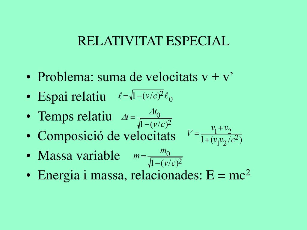 RELATIVITAT ESPECIAL Problema: suma de velocitats v + v’ Espai relatiu. Temps relatiu. Composició de velocitats.