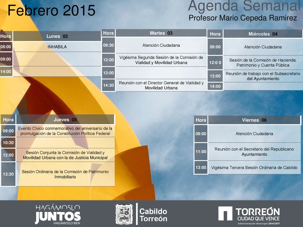 Agenda Semanal Febrero 2015 Profesor Mario Cepeda Ramirez Cabildo