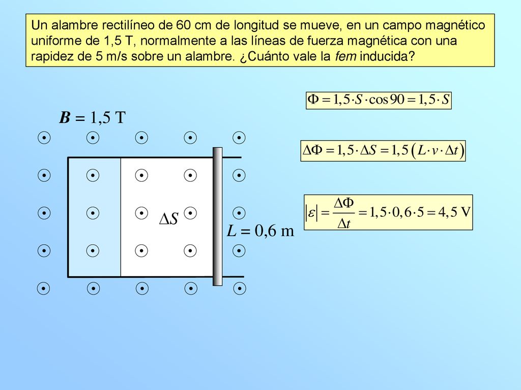Un alambre rectilíneo de 60 cm de longitud se mueve, en un campo magnético uniforme de 1,5 T, normalmente a las líneas de fuerza magnética con una rapidez de 5 m/s sobre un alambre. ¿Cuánto vale la fem inducida