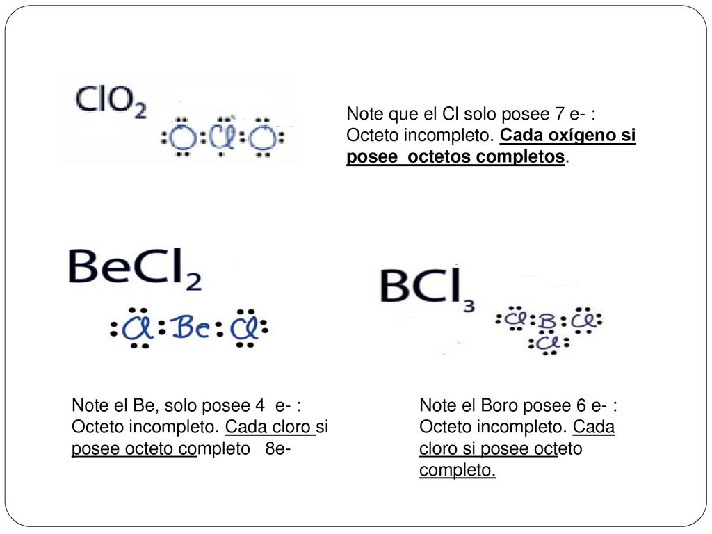 Note que el Cl solo posee 7 e- : Octeto incompleto
