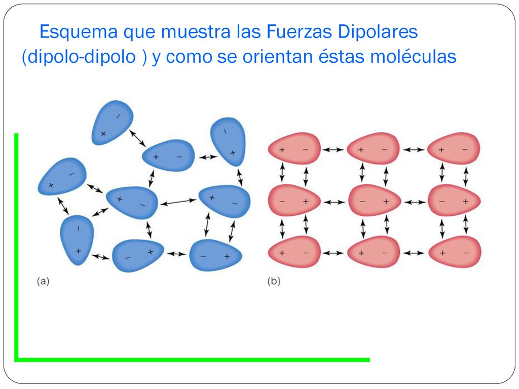 Esquema que muestra las Fuerzas Dipolares (dipolo-dipolo ) y como se orientan éstas moléculas