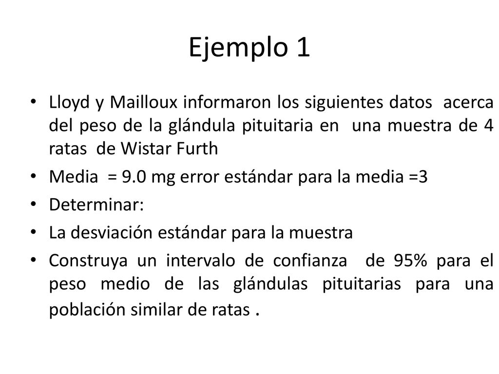 Ejemplo 1 Lloyd y Mailloux informaron los siguientes datos acerca del peso de la glándula pituitaria en una muestra de 4 ratas de Wistar Furth.