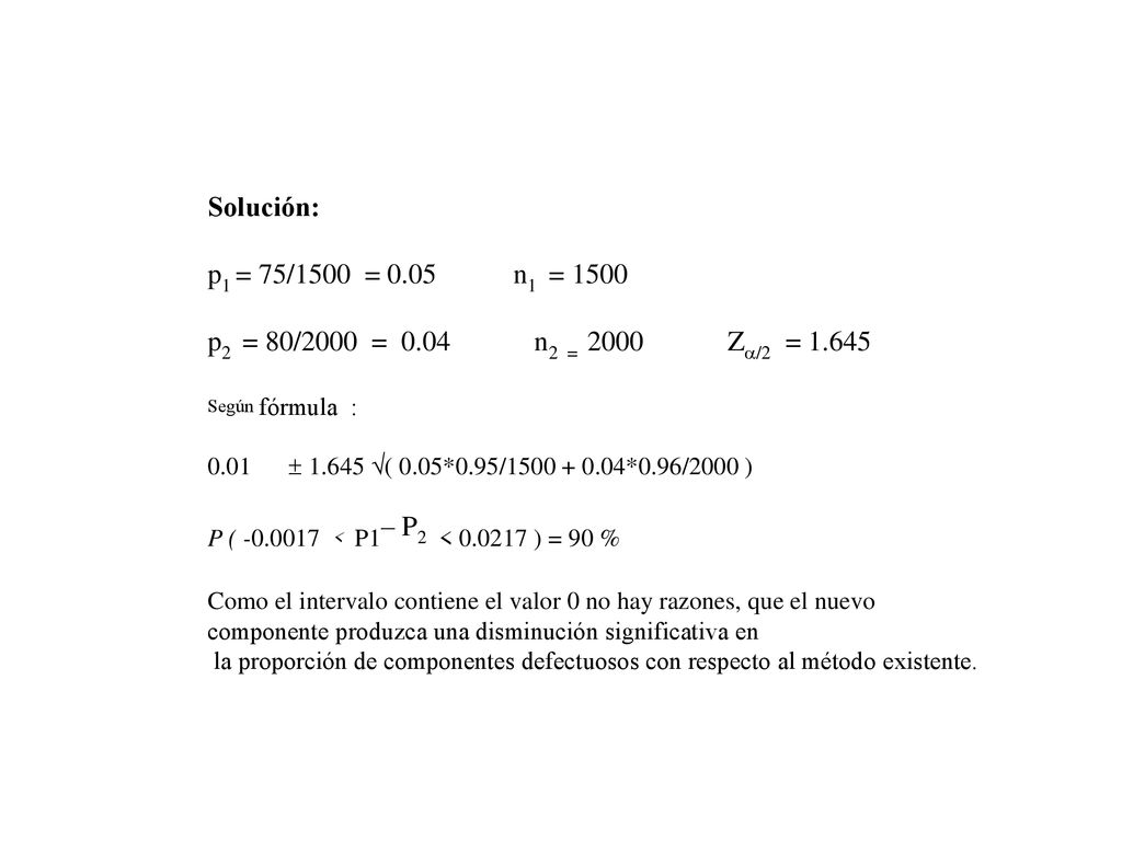 Solución: p1 = 75/1500 = 0.05 n1 = p2 = 80/2000 = 0.04 n2 = 2000 Z/2 =