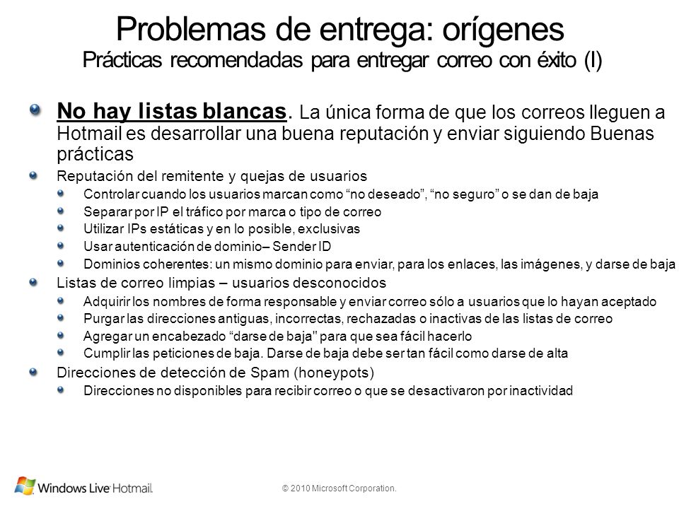 Problemas de entrega: orígenes Prácticas recomendadas para entregar correo con éxito (I)