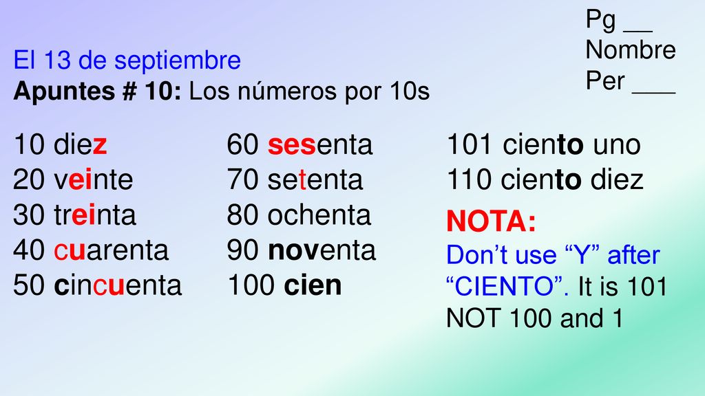 10 diez 20 veinte 30 treinta 40 cuarenta 50 cincuenta 60 sesenta