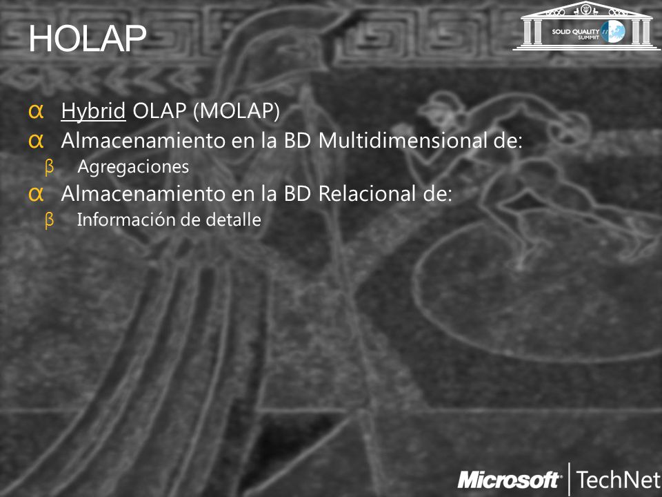 HOLAP Hybrid OLAP (MOLAP) Almacenamiento en la BD Multidimensional de: