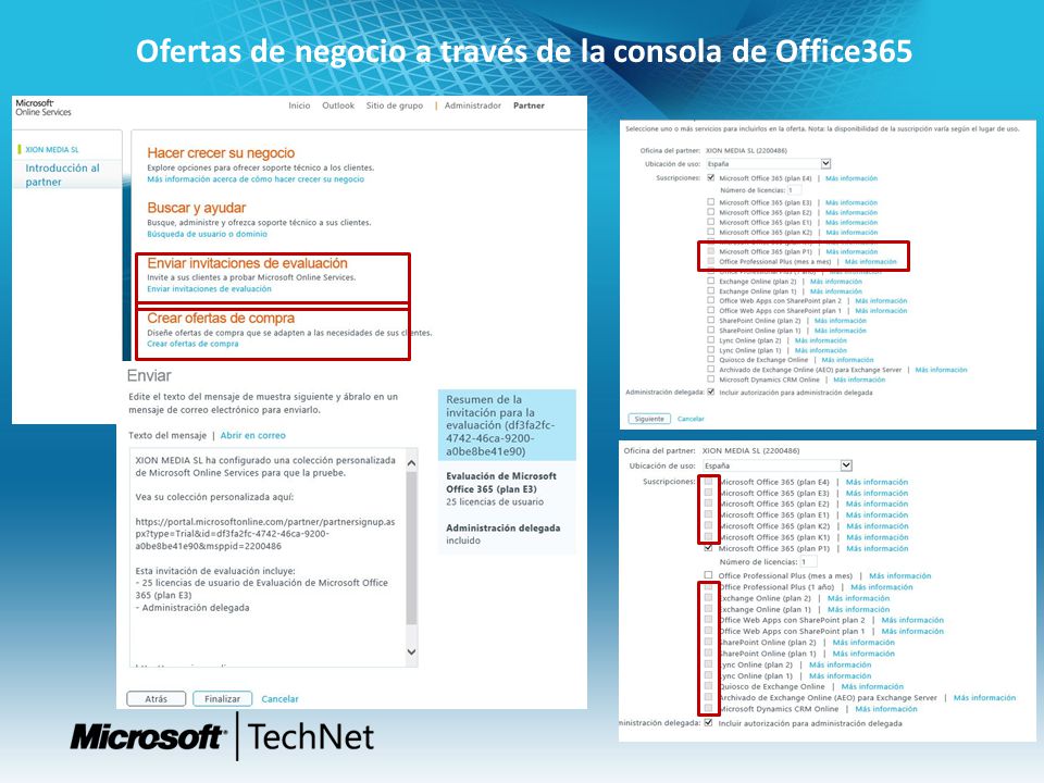 Ofertas de negocio a través de la consola de Office365