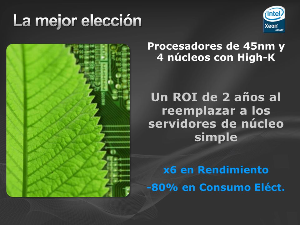 La mejor elección Procesadores de 45nm y 4 núcleos con High-K. Un ROI de 2 años al reemplazar a los servidores de núcleo simple.