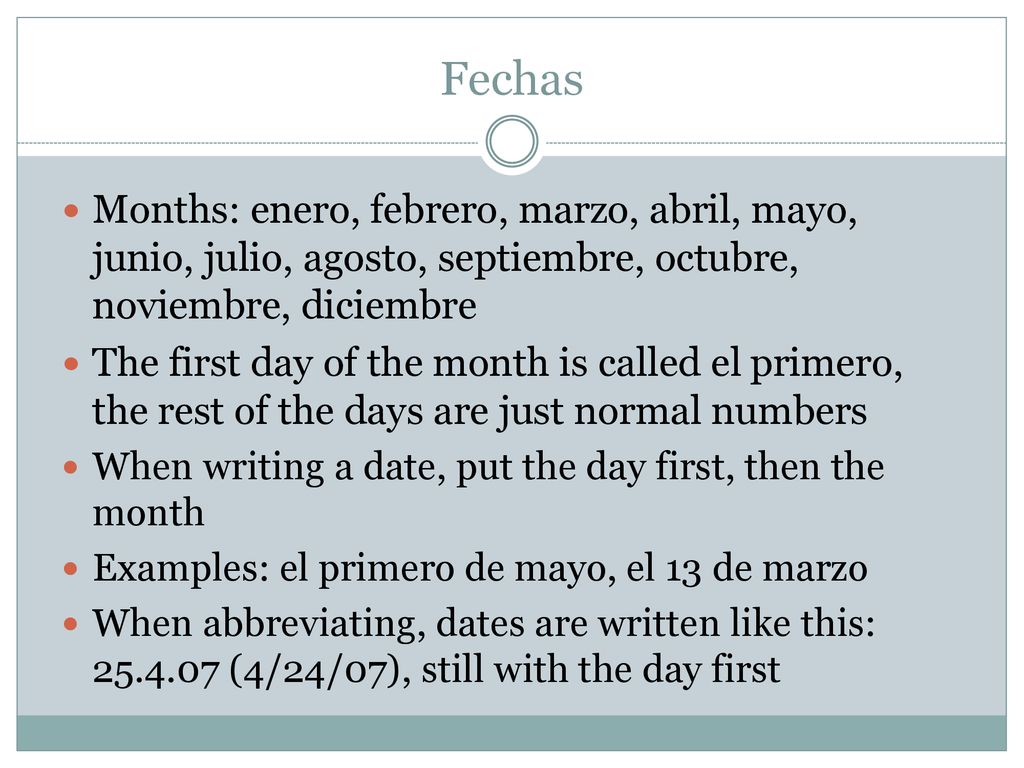 Fechas Months: enero, febrero, marzo, abril, mayo, junio, julio, agosto, septiembre, octubre, noviembre, diciembre.