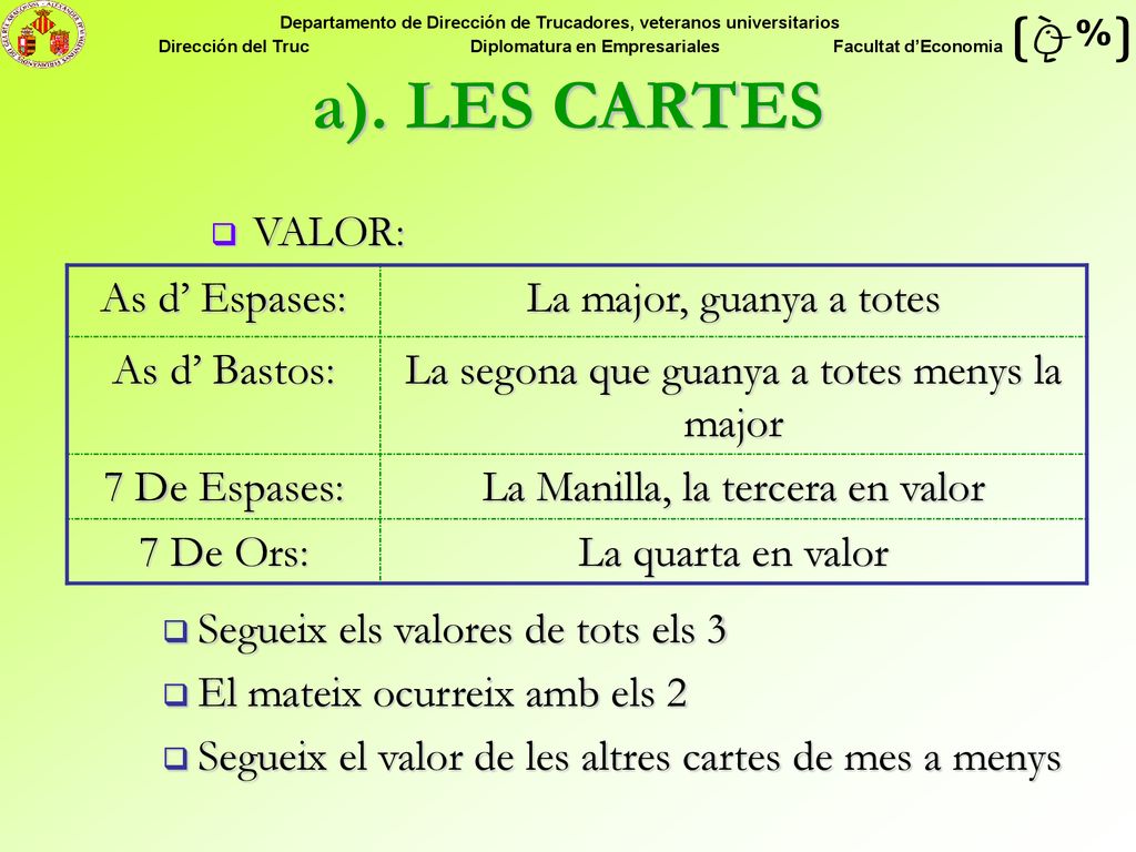 a). LES CARTES VALOR: As d’ Espases: La major, guanya a totes
