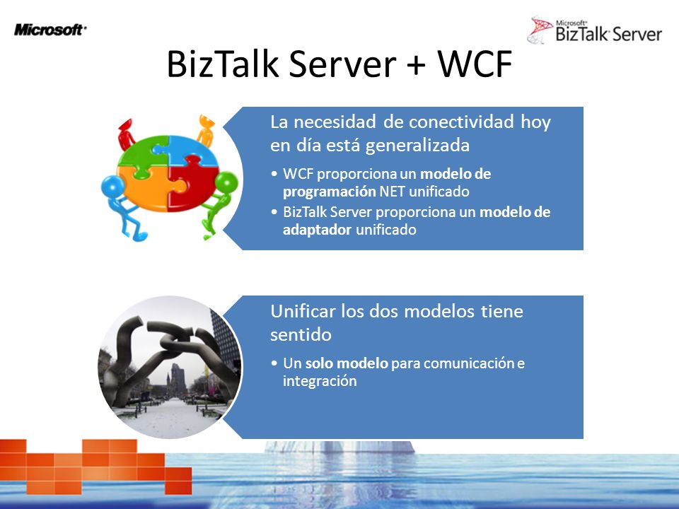 BizTalk Server + WCF La necesidad de conectividad hoy en día está generalizada. WCF proporciona un modelo de programación NET unificado.
