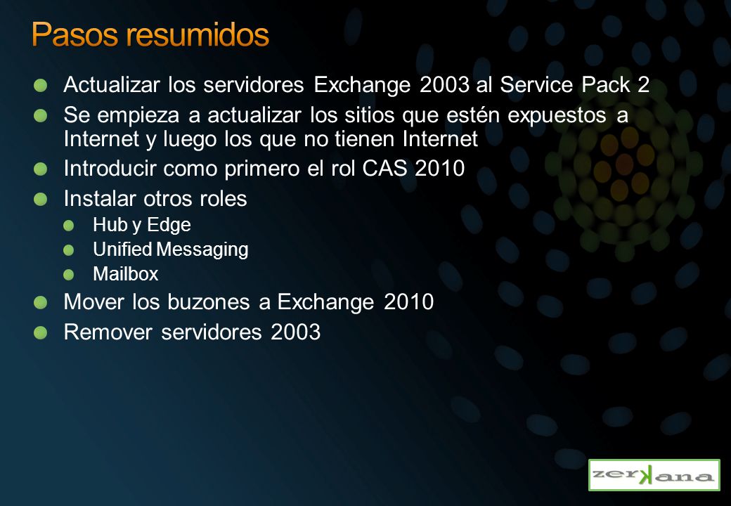 Pasos resumidos Actualizar los servidores Exchange 2003 al Service Pack 2.