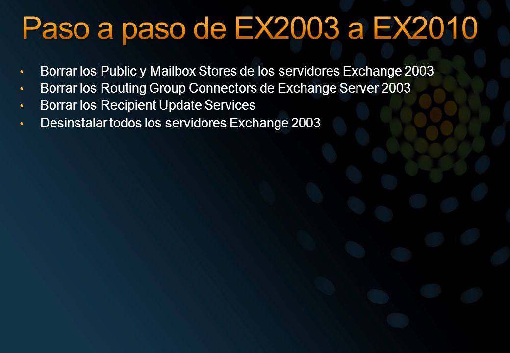 Paso a paso de EX2003 a EX2010 Borrar los Public y Mailbox Stores de los servidores Exchange